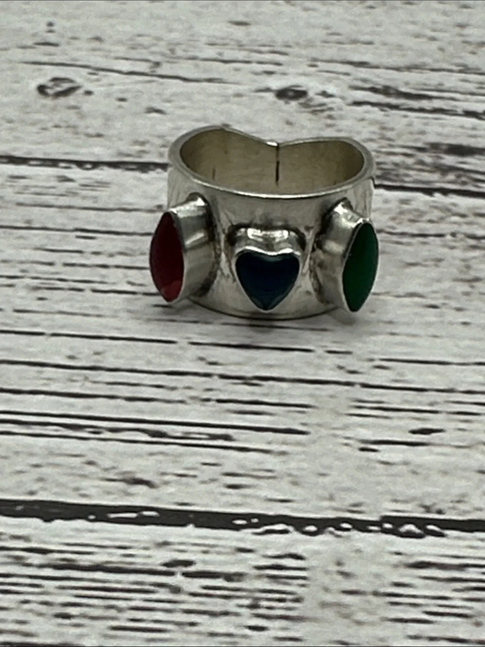 Taxco Silver Band Ring with Red, Blue and Green Accents